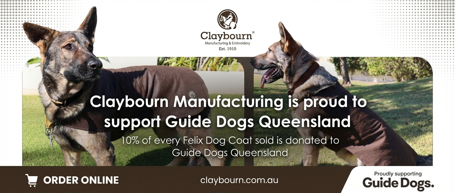 Australian made Felix dog coat by Claybourn supporting Guide Dogs Queensland charity initiative