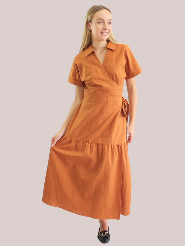 Linen-Cotton Wrap Front Dress