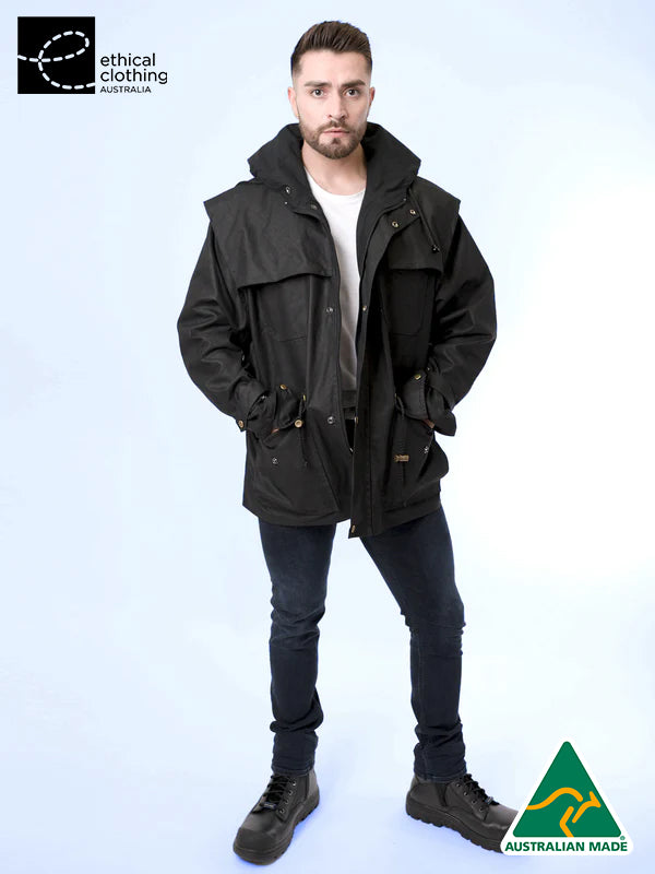 Oilskin jacket with clearance hood